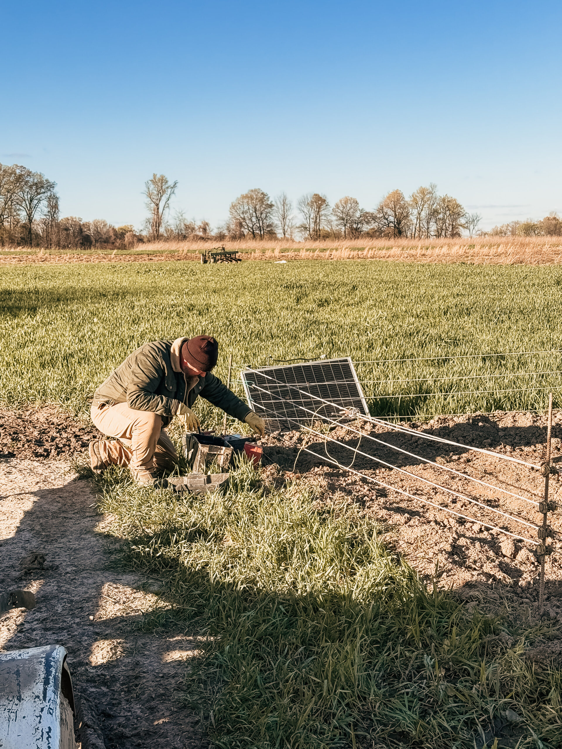 A farmer kneels in a field preparing soil for planting, with a solar panel and garden tools nearby. The clear blue sky and lush green grass create a vibrant backdrop for sustainable agriculture practices.